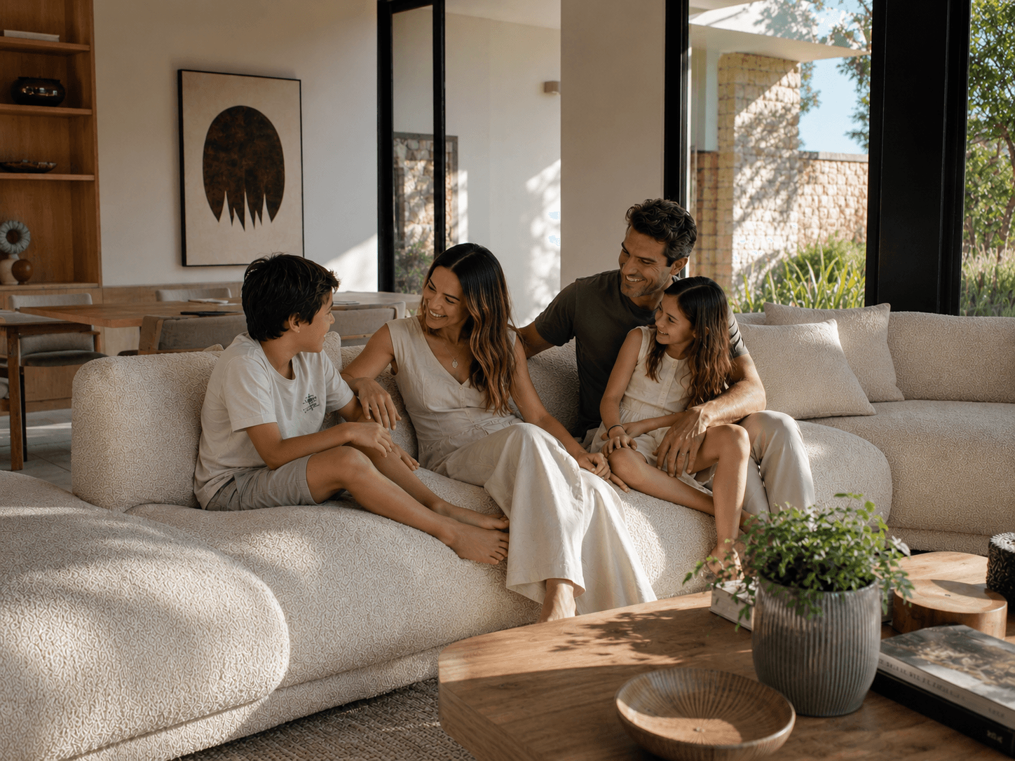 Família reunida e sorrindo em um sofá bouclé claro numa sala iluminada por luz natural